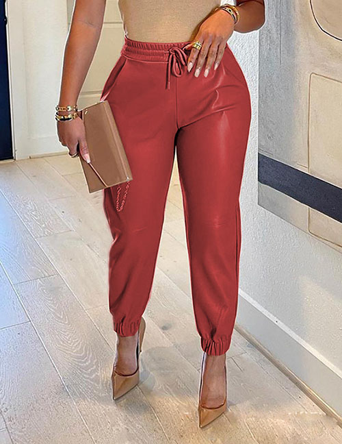 Fashion Red Solid Drawstring Trousers