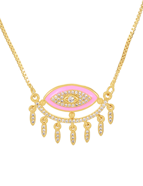 Fashion Pink Bronze Zircon Drop Oil Eye Tassel Necklace