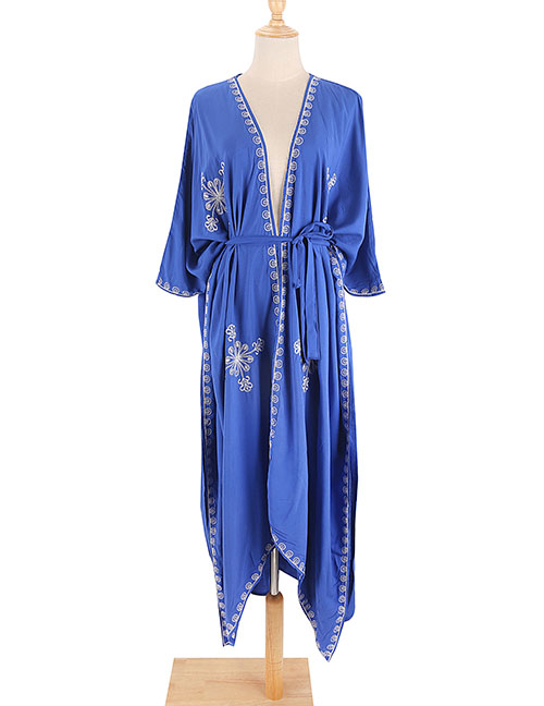 Fashion Sapphire Blue (zs1854-4) Geometric Embroidered Tie Slit Blouse