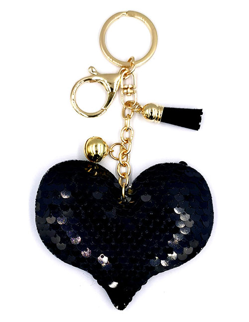 Fashion Black Fish Scale Sequins Heart Bell Keychain