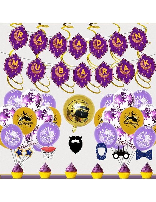 Fashion Purple Gold Suit Geometric Alphabet Pull Flag Latex Balloons Set