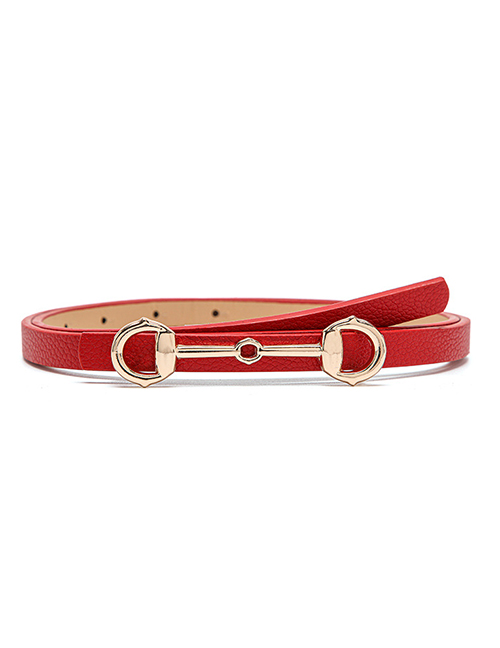 Fashion Red Pu Leather Horsebit Thin Belt