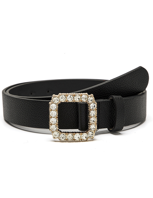 Fashion Black Diamond-studded Square Buckle Pu Wide Belt