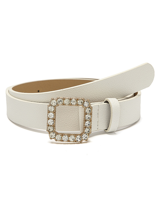Fashion White Diamond-studded Square Buckle Pu Wide Belt