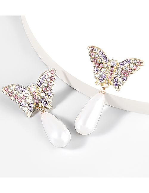 Fashion Purple Color Alloy Diamond Butterfly Pearl Stud Earrings