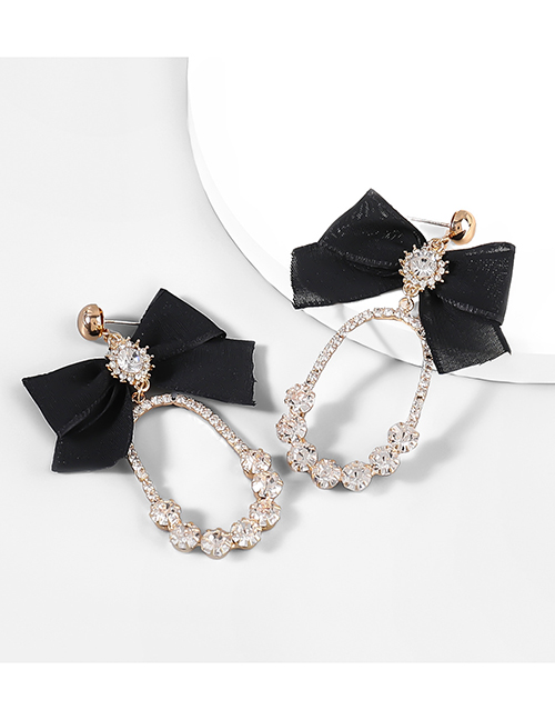 Fashion Black Alloy Diamond Fabric Bow Stud Earrings