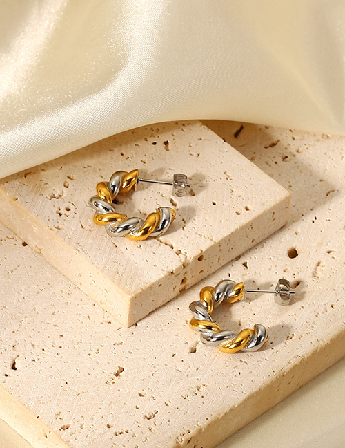 Fashion Gold+silver Titanium Colorblock Threaded C-shaped Stud Earrings