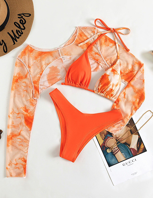 Fashion Orange Halter Tie Smudge Blouse Split Swimsuit Three-piece Set