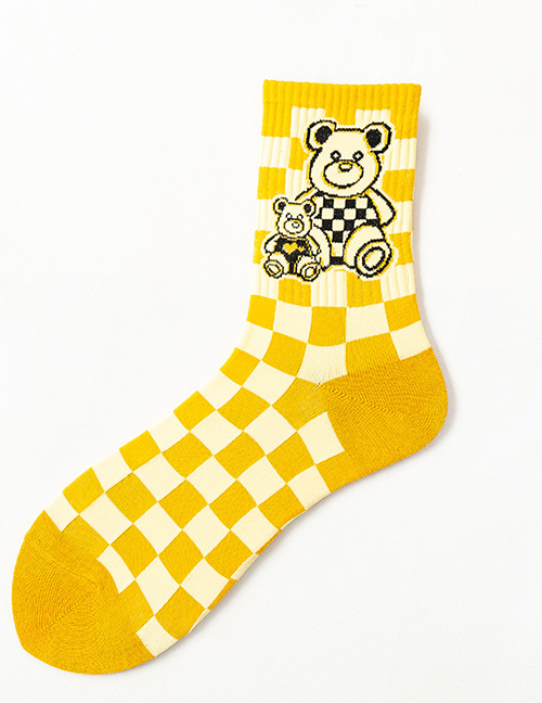 Fashion Yellow Cotton Check Bear Embroidery Socks