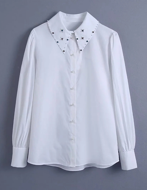 Fashion White Woven Jeweled Lapel Button-down Shirt