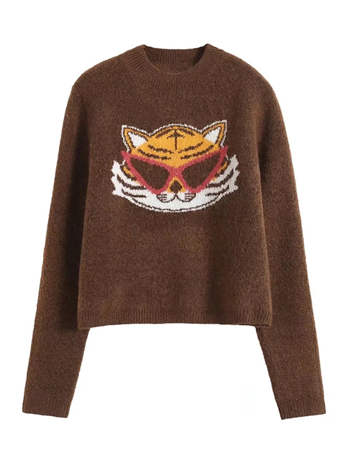 Fashion Brown Geometric Tiger Print Knitted Sweater
