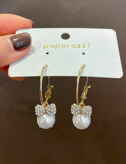 Fashion Gold Alloy Diamond Bow Pearl Earrings