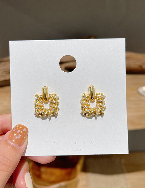 Fashion Gold Metal Diamond Square Stud Earrings