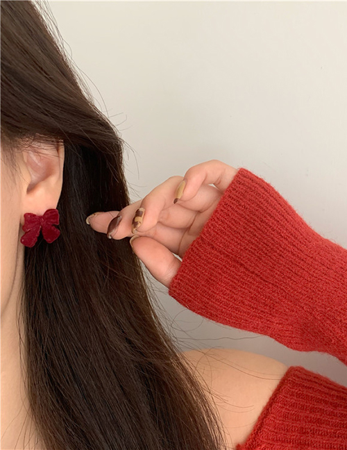 Fashion Red Alloy Velvet Bow Stud Earrings