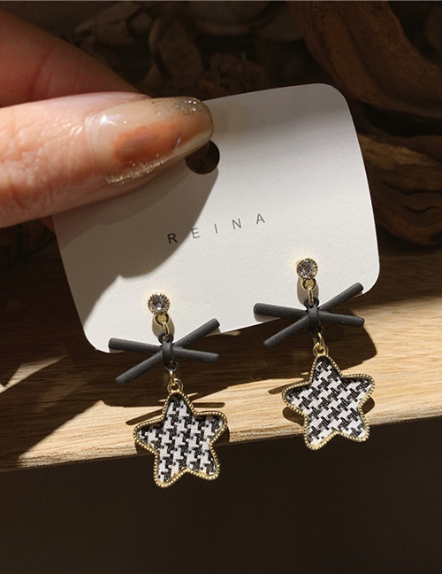 Fashion Black Alloy Bow Houndstooth Star Stud Earrings