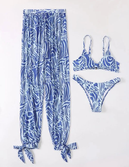 Fashion Light Blue Printed Split Swimsuit Drawstring Pants Set