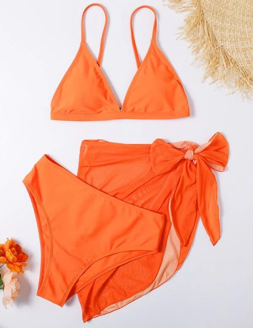 Fashion Orange Solid Color High Waist Split Swimsuit Three Piece Set