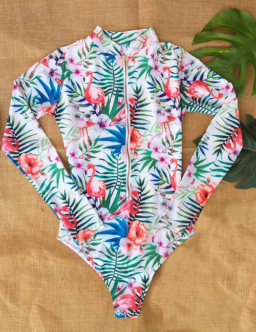 Fashion White Flower Printed Long Sleeve Zip One Piece Swimsuit