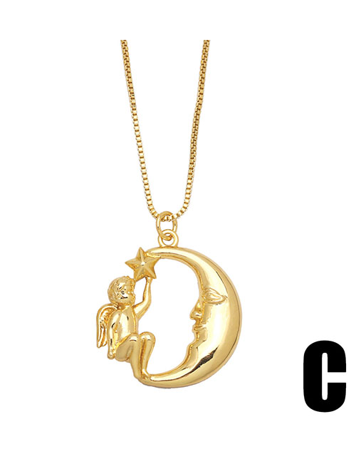 Fashion C Brass Diamond Star Moon Necklace