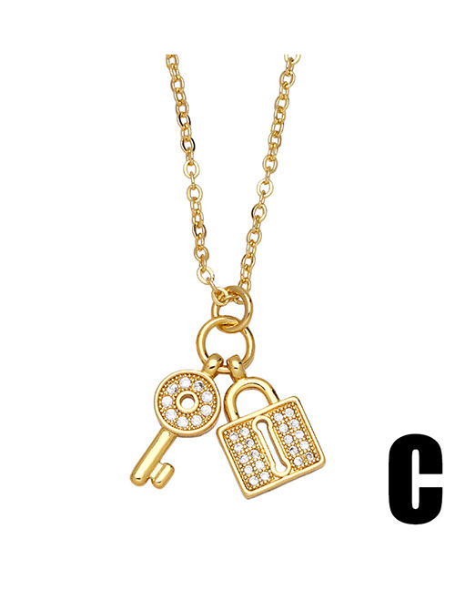 Fashion C Copper Inlaid Zirconium Moon Key Lock Alphabet Necklace