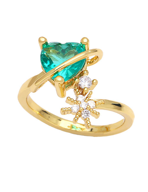 Fashion Green Bronze Diamond Heart Eight-pointed Star Ring