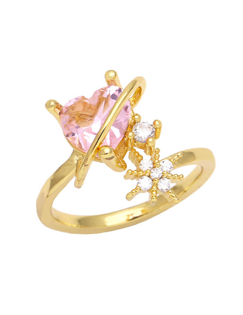 Fashion Pink Bronze Diamond Heart Eight-pointed Star Ring