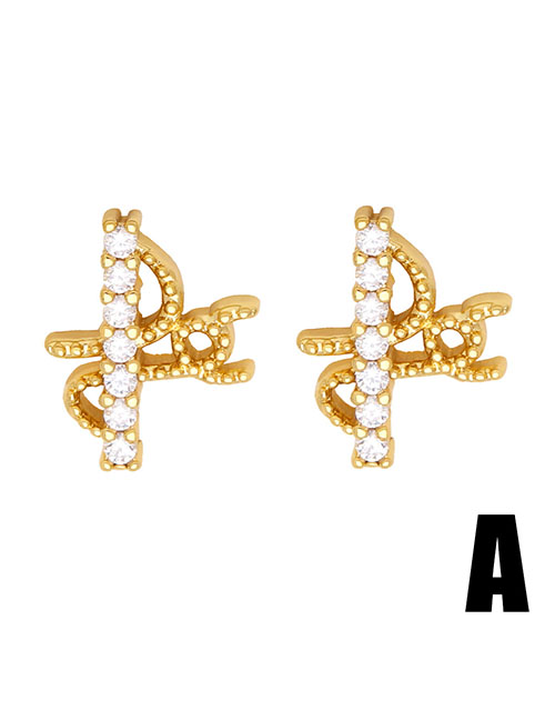 Fashion A Copper Diamond Alphabet Stud Earrings