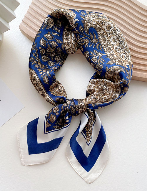 Fashion 9 Clip Frame Waist Flower Navy Blue Geometric Print Knotted Scarf