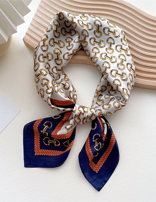 Fashion 17 Willow Leaf Rope Buckle Navy Blue Geometric Print Knotted Scarf