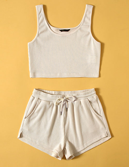 Fashion Apricot Solid Knit Sling Lace-up Shorts Set