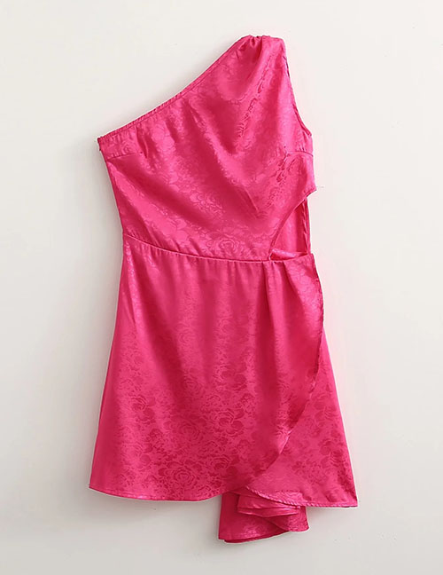 Fashion Rose Red Jacquard Slanted Shoulder Waist Cutout Dress