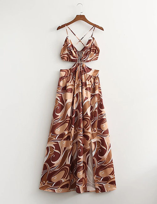Fashion Brown Printed Cutout Slit Dress