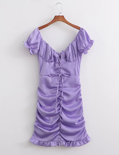 Fashion Purple Drawstring Line Neck Pleated Dress