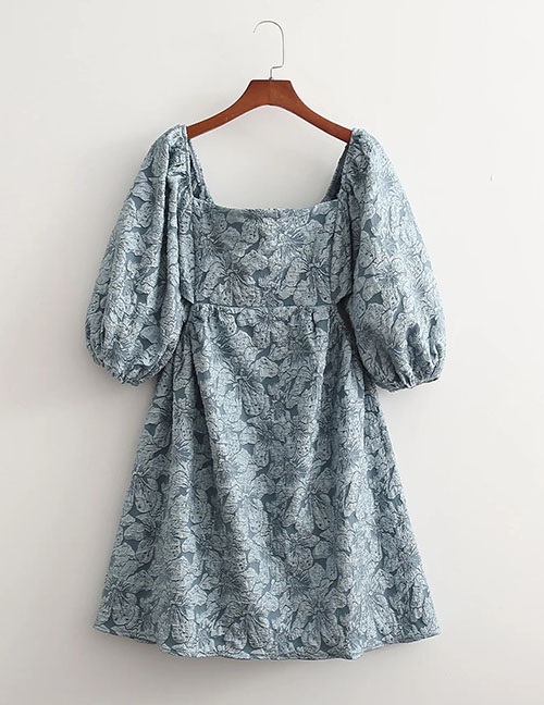 Fashion Blue Printed Puff Sleeve Lapel Dress