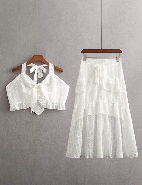 Fashion White Halter Tie Top Layered Skirt Set