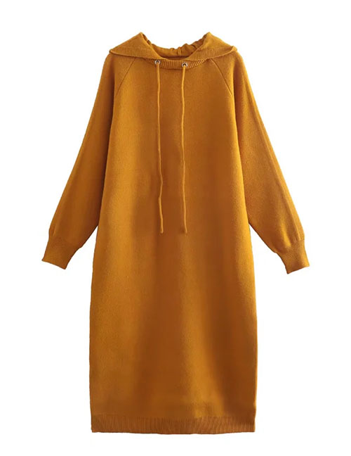 Fashion Yellow Solid Hooded Corespun Pullover Sweater Dress