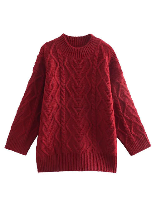Fashion Red Half Turtleneck Jacquard Knit Pullover Sweater