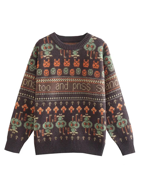 Fashion Brown Little Ant Print Core Yarn Knit Sweater