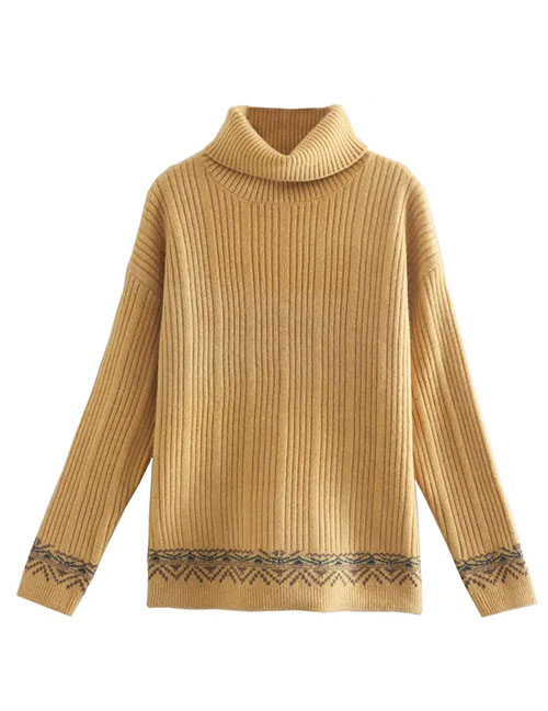 Fashion Yellow Pit Bar Jacquard Turtleneck Pullover Sweater