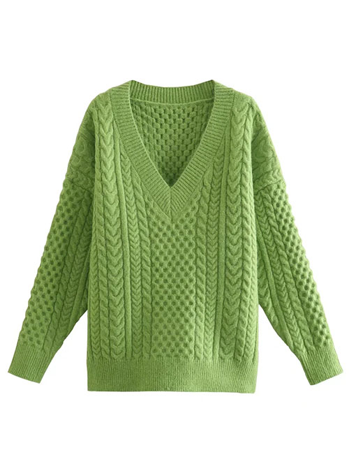 Fashion Fruit Green Solid Color V-neck Twist Pullover Sweater