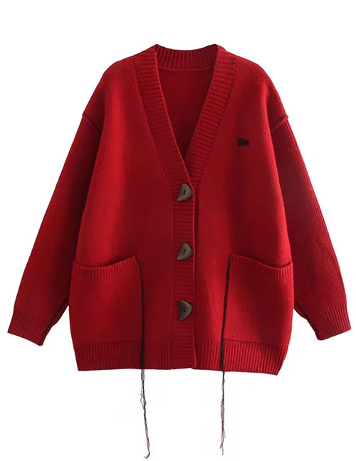 Fashion Red V-neck Buttoned Double-pocket Knitted Cardigan