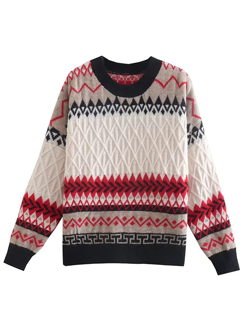 Fashion Red Geometric Print Crewneck Knitted Sweater