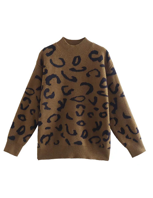 Fashion Brown Leopard-print Knitted Sweater