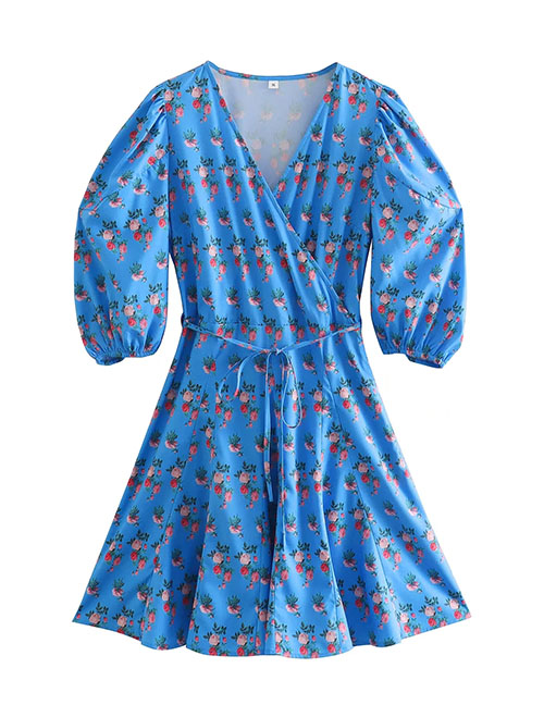 Fashion Blue V-neck Short-sleeved Printed Dress