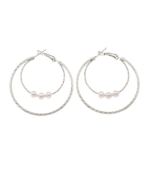 Fashion Silver Metal Pearl Geometric Double Hoop Earrings