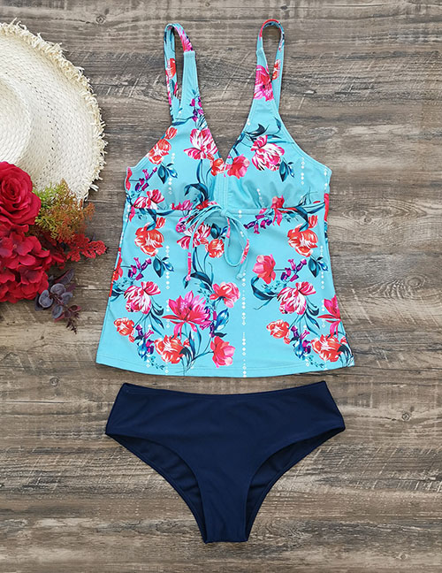 Fashion Blue Bottom Printing + Navy Blue Bottoms Printed Sling Split Swimsuit