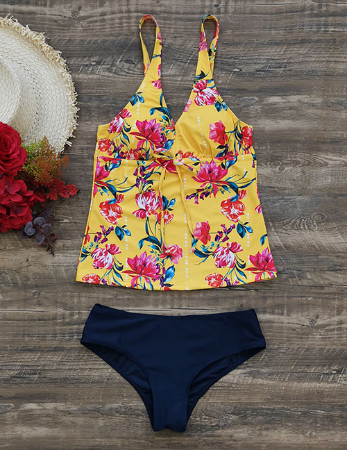 Fashion Yellow Bottom Printing + Navy Blue Bottoms Printed Sling Split Swimsuit
