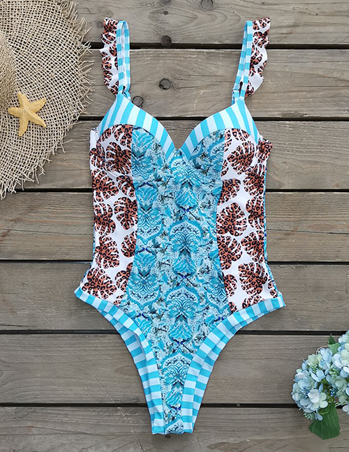 Fashion Blue Print + Leopard Leaves Printed One-piece Swimsuit