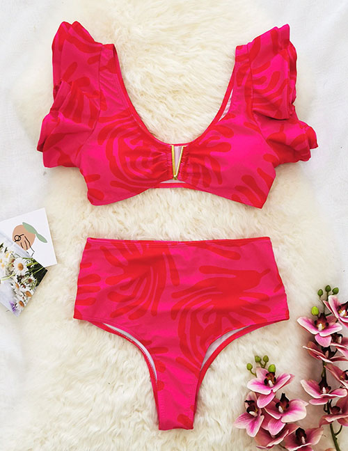 Fashion Pink Print Ruffled V-neck High Waist Split Swimsuit