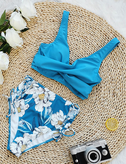 Fashion Blue Shirt + White Flowers On Blue Background Solid Print Lace-up Swimsuit